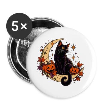 Nachtschwarze Katze mit Hallowen-Kürbissen - Buttons groß 56 mm (5er Pack) - Weiß - Vorne