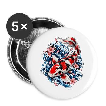 Japanische Koi zwischen Wellen und Blumen - Buttons groß 56 mm (5er Pack) - Weiß - Vorne