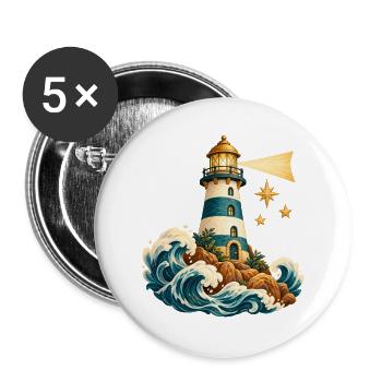 Aquarell Leuchtturm auf den Wellen - Buttons groß 56 mm (5er Pack) - Weiß - Vorne