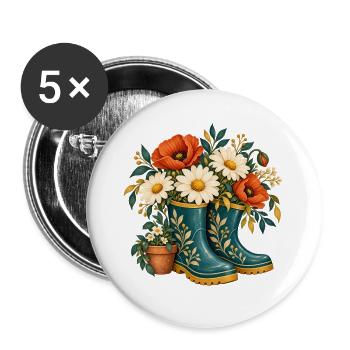 Blumen im türkisfarbenen Stiefel - Buttons groß 56 mm (5er Pack) - Weiß - Vorne