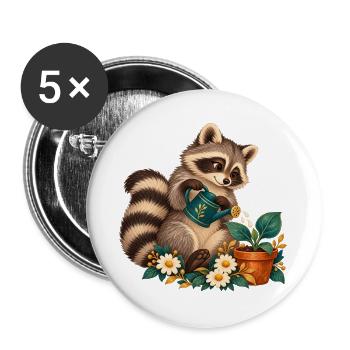 Waschbär-Gärtner in Blüte - Buttons groß 56 mm (5er Pack) - Weiß - Vorne