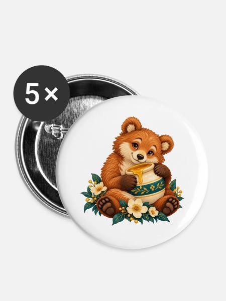 Honig- und Blumenbärenkuscheln - Buttons groß 56 mm (5er Pack) - Weiß