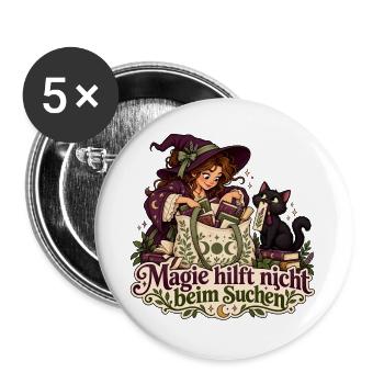 Hexe und Katze auf Lesezeichensuche - Buttons groß 56 mm (5er Pack) - Weiß - Vorne