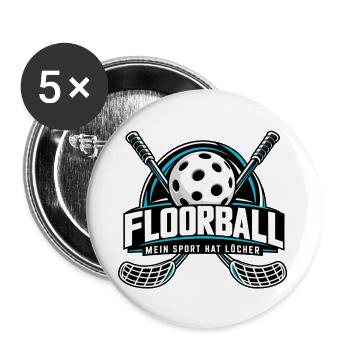 Floorball Logo Ball mit Schlägern - Buttons groß 56 mm (5er Pack) - Weiß - Vorne