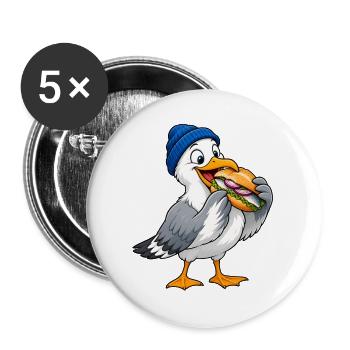 Möwe mit Beanie & Fischbrötchen – Küste - Buttons groß 56 mm (5er Pack) - Weiß - Vorne