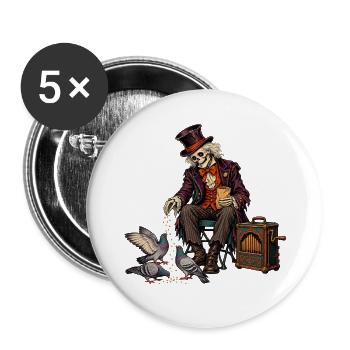 Skelett im Hut füttert Tauben - Buttons groß 56 mm (5er Pack) - Weiß - Vorne