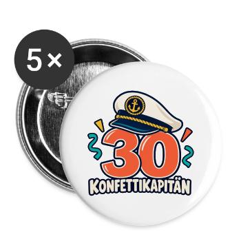 30 Geburtstag – Konfettikapitän - Buttons groß 56 mm (5er Pack) - Weiß - Vorne