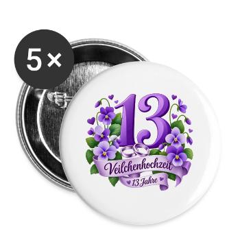 13.Hochzeitstag , Veilchenhochzeit 13 Jahre - Buttons groß 56 mm (5er Pack) - Weiß - Vorne