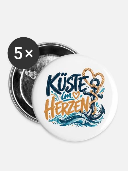 Küste im Herzen – Maritimes Design - Buttons groß 56 mm (5er Pack) - Weiß