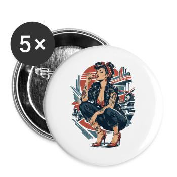 Rockabilly Pin-Up Girl: Rebellin mit Kirsche - Buttons groß 56 mm (5er Pack) - Weiß - Vorne