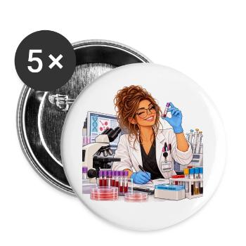 Schicke Wissenschaftlerin im Labor - Buttons groß 56 mm (5er Pack) - Weiß - Vorne