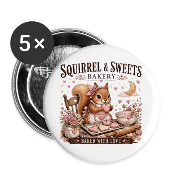 Squirrel Sweets Bakery: Mit Liebe gebacken - Buttons groß 56 mm (5er Pack) - Weiß - Vorne