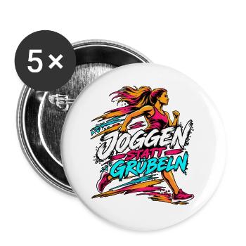 Joggen statt Grübeln – Läuferin - Buttons groß 56 mm (5er Pack) - Weiß - Vorne