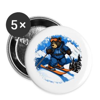 Bären Skifahrer / Ski Bär - Buttons groß 56 mm (5er Pack) - Weiß - Vorne