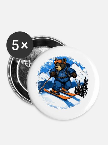 Bären Skifahrer / Ski Bär - Buttons groß 56 mm (5er Pack) - Weiß