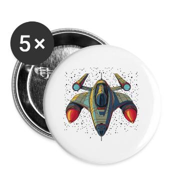Retro-futuristisches Raumschiff in Grautönen mit Stern - Buttons groß 56 mm (5er Pack) - Weiß - Vorne