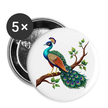 Einfacher Pfau auf Ast - Buttons groß 56 mm (5er Pack) - Weiß - Vorne
