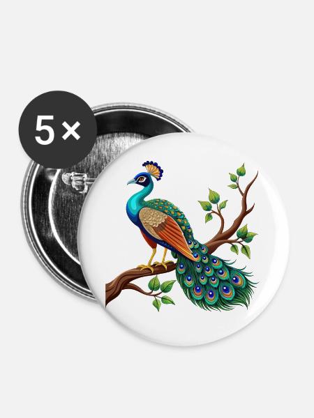 Einfacher Pfau auf Ast - Buttons groß 56 mm (5er Pack) - Weiß
