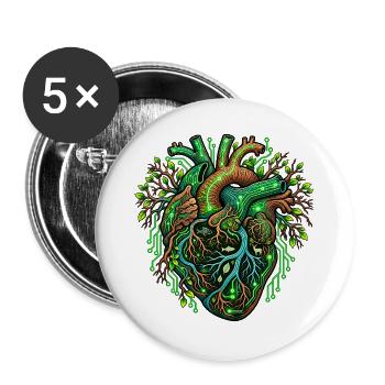 Umweltschutz – Grünes Herz zwischen Natur und Tech - Buttons groß 56 mm (5er Pack) - Weiß - Vorne