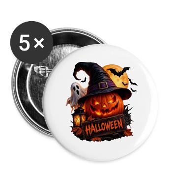 Halloween Kürbis Hexenhut Geist Fledermäuse - Buttons groß 56 mm (5er Pack) - Weiß - Vorne