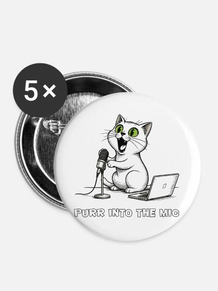 Lustiger Katzen-Podcaster am Laptop - Buttons groß 56 mm (5er Pack) - Weiß