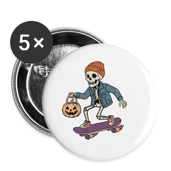Skelett auf einem Skateboard – Halloween - Buttons groß 56 mm (5er Pack) - Weiß - Vorne