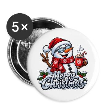 Lustiger Schneemann mit Sonnenbrille Frohe Weihnachten - Buttons groß 56 mm (5er Pack) - Weiß - Vorne