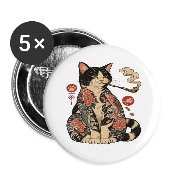 Katzentattoo mit Koi-Blüten - Buttons groß 56 mm (5er Pack) - Weiß - Vorne