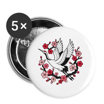 Kranich Kirschblüten Japan Natur Vektor Shirt - Buttons groß 56 mm (5er Pack) - Weiß - Vorne
