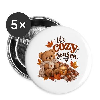 Kuschelige Herbstzeit mit Teddybär und Kerze - Buttons groß 56 mm (5er Pack) - Weiß - Vorne