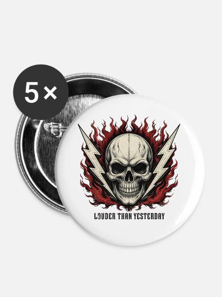Dreh es lauter, bis es weh tut – Skull Rock & Ca - Buttons groß 56 mm (5er Pack) - Weiß