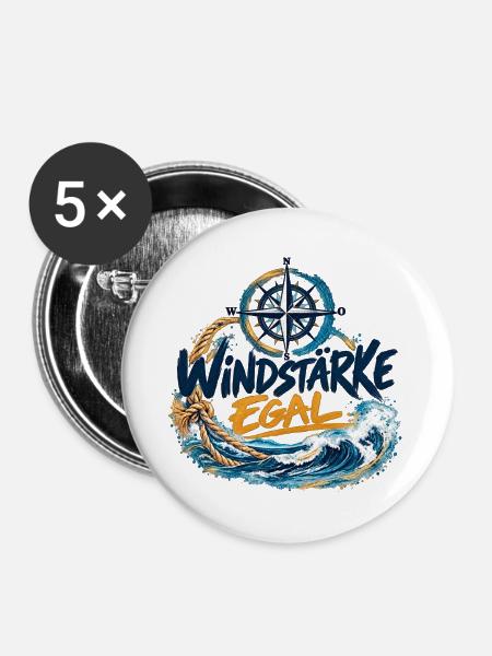 Windstärke Egal – Kompass und Wellen - Buttons groß 56 mm (5er Pack) - Weiß