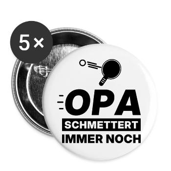 Opa schmettert immer noch – Tischtennis Shirt - Buttons groß 56 mm (5er Pack) - Weiß - Vorne