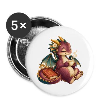 Süßer Drachentee und Buch - Buttons groß 56 mm (5er Pack) - Weiß - Vorne