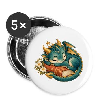 Schlafender Drache zwischen Buch und Blumen - Buttons groß 56 mm (5er Pack) - Weiß - Vorne