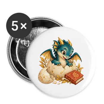 Neugeborener Drache zwischen Eiern und Buch - Buttons groß 56 mm (5er Pack) - Weiß - Vorne