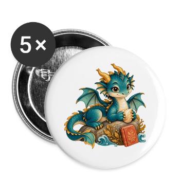Seedrache mit Buch - Buttons groß 56 mm (5er Pack) - Weiß - Vorne