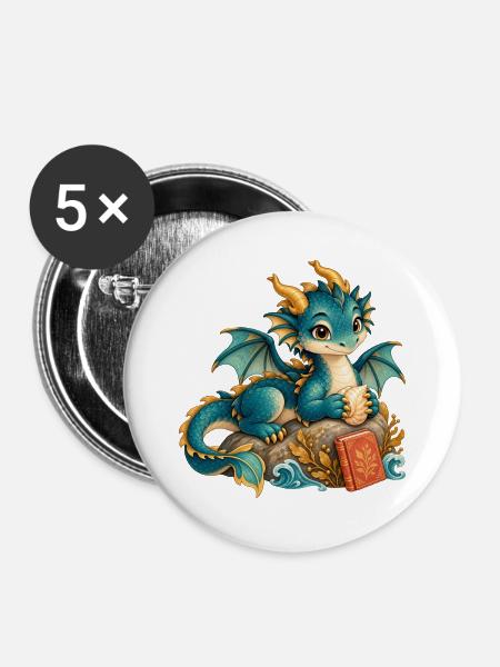 Seedrache mit Buch - Buttons groß 56 mm (5er Pack) - Weiß