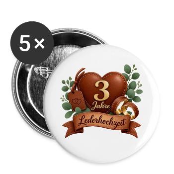 3.Hochzeitstag , Lederhochzeit 3 Jahre  - Buttons groß 56 mm (5er Pack) - Weiß - Vorne