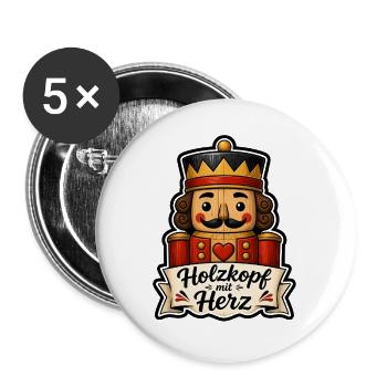 Holzkopf mit Herz Nussknacker Volkskunst Shirt - Buttons groß 56 mm (5er Pack) - Weiß - Vorne