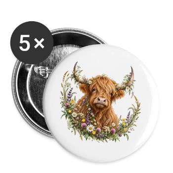 Highland Cow, Schottisches Rind, Hochland Rind - Buttons groß 56 mm (5er Pack) - Weiß - Vorne