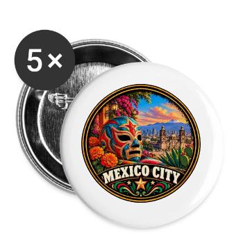 Mexiko City Bunte Maske mit Kakteen und Blumen - Buttons groß 56 mm (5er Pack) - Weiß - Vorne