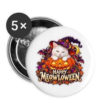 Meowloween: Die Katze im Halloween-Kürbis - Buttons groß 56 mm (5er Pack) - Weiß - Vorne