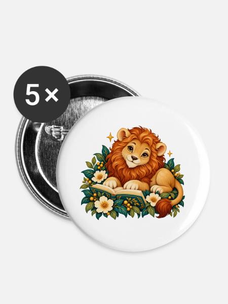 Löwenjunges Leser zwischen Blumen - Buttons groß 56 mm (5er Pack) - Weiß