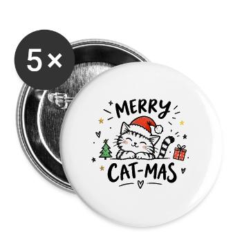Merry Cat-Mas – Katze mit Weihnachtsmütze - Buttons groß 56 mm (5er Pack) - Weiß - Vorne