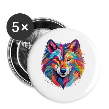 Bunter Wolf – farbiges Tiermotiv - Buttons groß 56 mm (5er Pack) - Weiß - Vorne