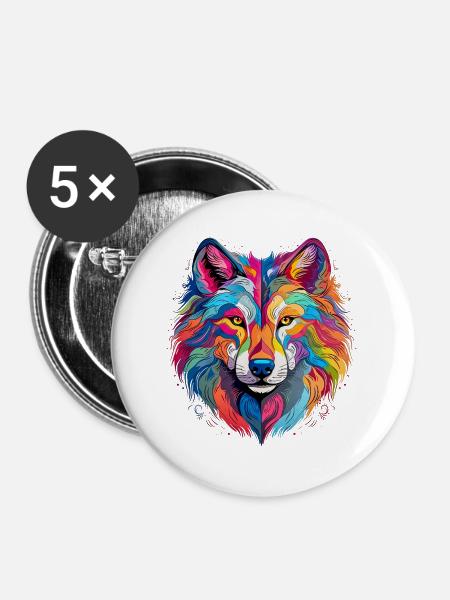 Bunter Wolf – farbiges Tiermotiv - Buttons groß 56 mm (5er Pack) - Weiß