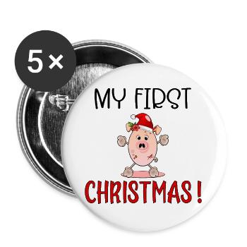 Erste Weihnachten, Ferkelbaby, Englisch - Buttons groß 56 mm (5er Pack) - Weiß - Vorne