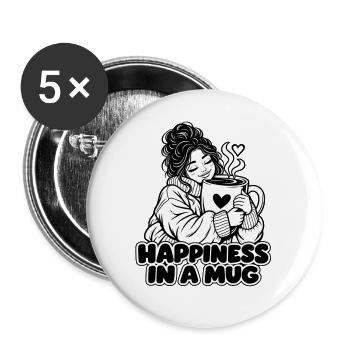 Glück in einer Tasse – Gemütlicher Kaffeeliebhaber umarmt ein C - Buttons groß 56 mm (5er Pack) - Weiß - Vorne