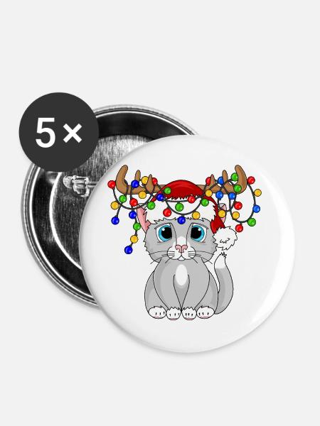 Weihnachtskatze mit Lichterkette - Buttons groß 56 mm (5er Pack) - Weiß
